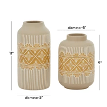 9", 11"H Floral Handmade Beige Ceramic Vase With Diamond Pattern, Set Of 2