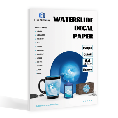 5 Sheets A4 Waterslide Decal Paper INKJET CLEAR 8.3*11.7 Inch Premium Water Slide Transfer Paper Transparent & Inkjet Printable, Suitable For Mugs, Tumblers, Glasses DIY