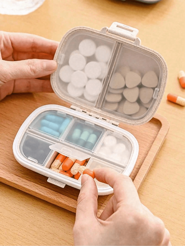1 caixa de comprimidos portátil, mini caixa de remédios de viagem com 8 compartimentos, recipiente selado de silicone à prova d'água para óleo de peixe, lecitina, espirulina, celulose, melatonina, ginkgo biloba e outros suplementos, bandagens de primeiros socorros, pó hemostático, adequado para viagens, exploração, acampamento, piquenique