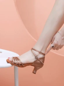 5cm Heel Women Brown Dance Shoes, Soft & Lightweight Comfortable, Heels Latin Dance Shoes, Satin Professional Ballroom Party Wedding Jazz Rumba Tango Salsa Practice Performance Dance Shoes Indoor Sandals - Beige - View 2