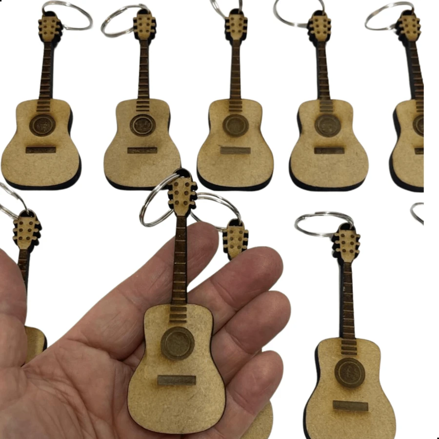 10 Guitar Keychains Musical Instrument Wood MDF 6mm - Yellow - View 1