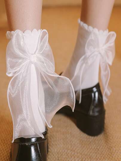 1pair Bowknot Japanese Style Women Socks, Spring & Autumn, Korean Version Lolita Style, Cute Lace Border White Stockings