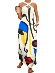 Spring And Summer Women's Cross V Neck Art Graffiti Print Maxi Modest Elegant Casual Sundresses,Vacation Beach Outfits / Cover Ups,Valentine's Day / Mardi Gras / Easter Outfits - Nhiều màu - Xem 2
