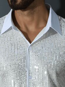 时尚男士闪光短袖衬衫，时尚派对街头服饰 - 白色 - 查看 6
