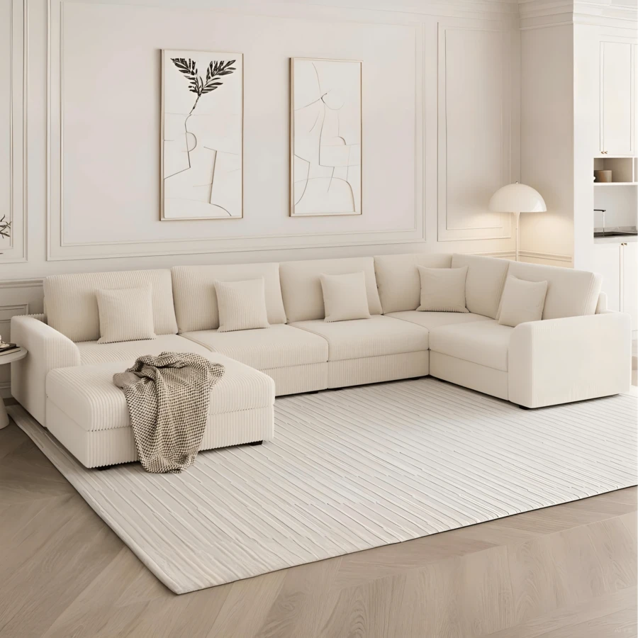 ADVWIN 146" Oversized Corduroy Modular Sectional Sofa - 6 Seats, Convertible Sleeper Lounge Couch With Ottoman & 5 Pillows - Comfortable Modern Sofa For Living Room - 米色 - 查看 1