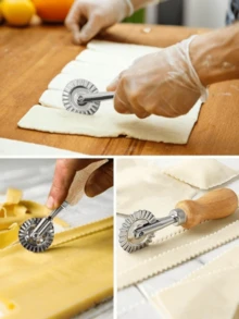 1pc Pastry Cutter (Wooden Handle), Italian Pasta Maker Roller, Pizza Cutter Wheel, Pie Crust Trimmer With Dumpling Crimper Wheel, Used For Baking, Crushing Dough, Pastry Roller, Suitable For Home And Kitchen, Kitchen Gadget