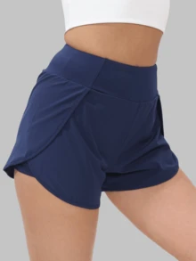 1件装女士高腰速干双层口袋运动跑步短裤