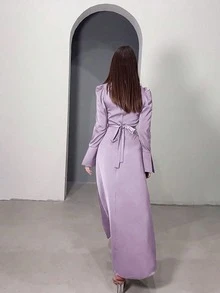 优雅复古 V 领泡泡袖超长收腰连衣裙，女士长袖缎面连衣裙，春夏季，端庄 - 紫丁香色 - 查看 6