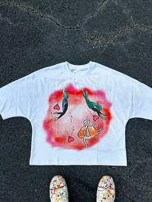 Y2K Style Directional Printing (220g Pure Cotton T-Shirt) Cotton T-Shirt - Soft, Breathable, 100% Pure Cotton Fabric - Comfortable And Energetic Summer Street Style Short Sleeved T-Shirt, Cool Design Retro Summer Men's Daily Wear T-Shirt - trắng - Xem 4