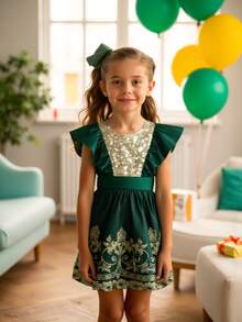 Young Girl's Sequin Patchwork Cap Sleeve Dress, Suitable For Everyday And Birthday Parties - Green - View 7
