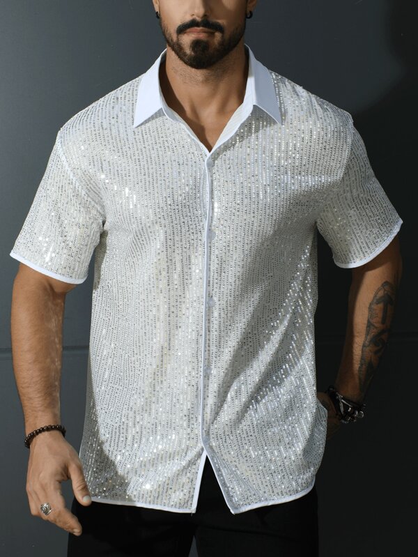 Fashionable Men's Glitter Short Sleeve Shirt, Stylish Party Wear Streetwear