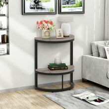LITTLE TREE Semi-Circle 2-Tier End Table, Compact Half Round Side Table With Storage Shelf, Wood Accent Furniture For Sofa, Bedroom And Other Small Spaces, Rustic Grey - 灰色 - 查看 3
