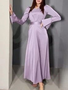 优雅复古 V 领泡泡袖超长收腰连衣裙，女士长袖缎面连衣裙，春夏季，端庄 - 紫丁香色 - 查看 4