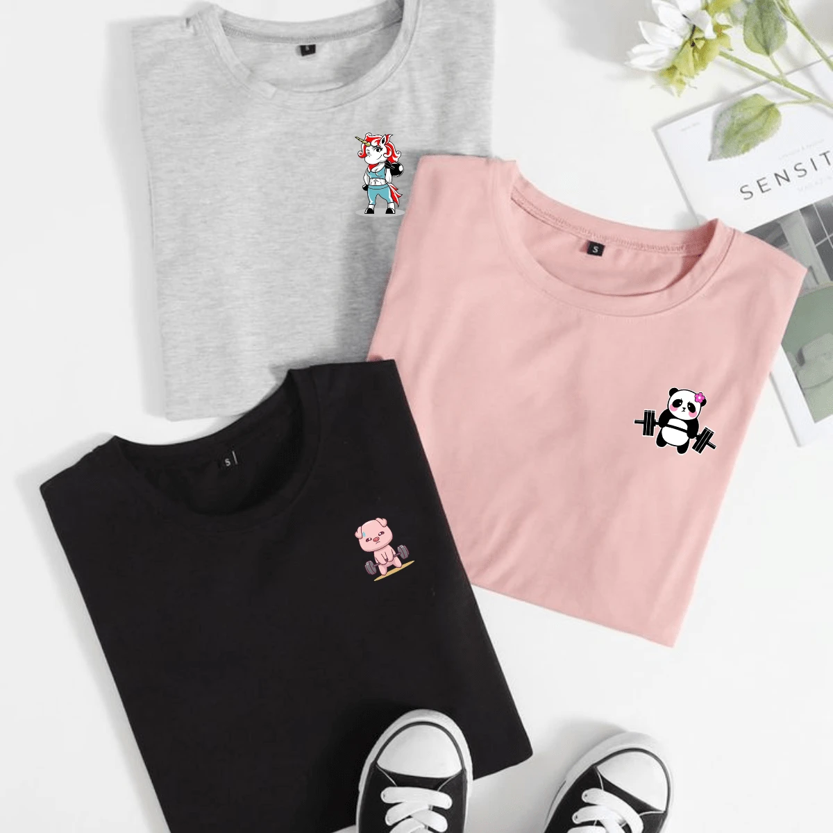 100% Cotton Oversized T-Shirt Kit For Gym Streetwear - đen/xám/hồng - Xem 1