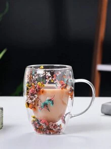 1 Double-Layer Glass Coffee Cup With Dried Flowers, Insulated And Heat-Resistant Water Cup, Suitable For Hot And Cold Drinks, Cold Drinks, Soda Water, Fruit Tea, Juice And Latte Coffee - Suitable For Weddings, Parties, Bridal Showers, Birthday Gifts, Teacher Gifts, Halloween, Christmas Gifts, Juice Cup, Matcha Cup, Mug, Breakfast Cup, Back To School Supplies, Dormitory Drinking Glass Cup, Students' Back To School Essentials