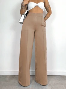 Women's High Waisted Fitted Trousers, Stylish Wide Leg Pants, Hollow Out Waist Design - Marrón - Ver 4