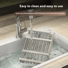 Cesta retráctil para fregadero de cocina, canasta para lavar frutas, plato para frutas, rejilla para secar recipientes, estantería para el hogar - Gris - Ver 2