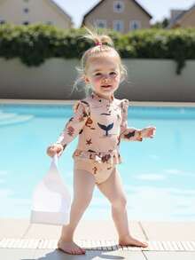 Baby Girls Rash Guard Swimsuit Rompers Long Sleeve Ocean Elements Print Toddler Ruffles Bathing Suit Swimwear - Pink - View 3