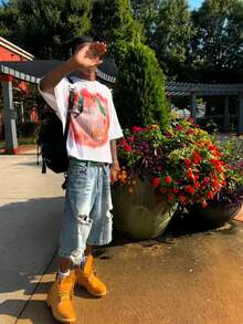 Y2K Style Directional Printing (220g Pure Cotton T-Shirt) Cotton T-Shirt - Soft, Breathable, 100% Pure Cotton Fabric - Comfortable And Energetic Summer Street Style Short Sleeved T-Shirt, Cool Design Retro Summer Men's Daily Wear T-Shirt - trắng - Xem 1