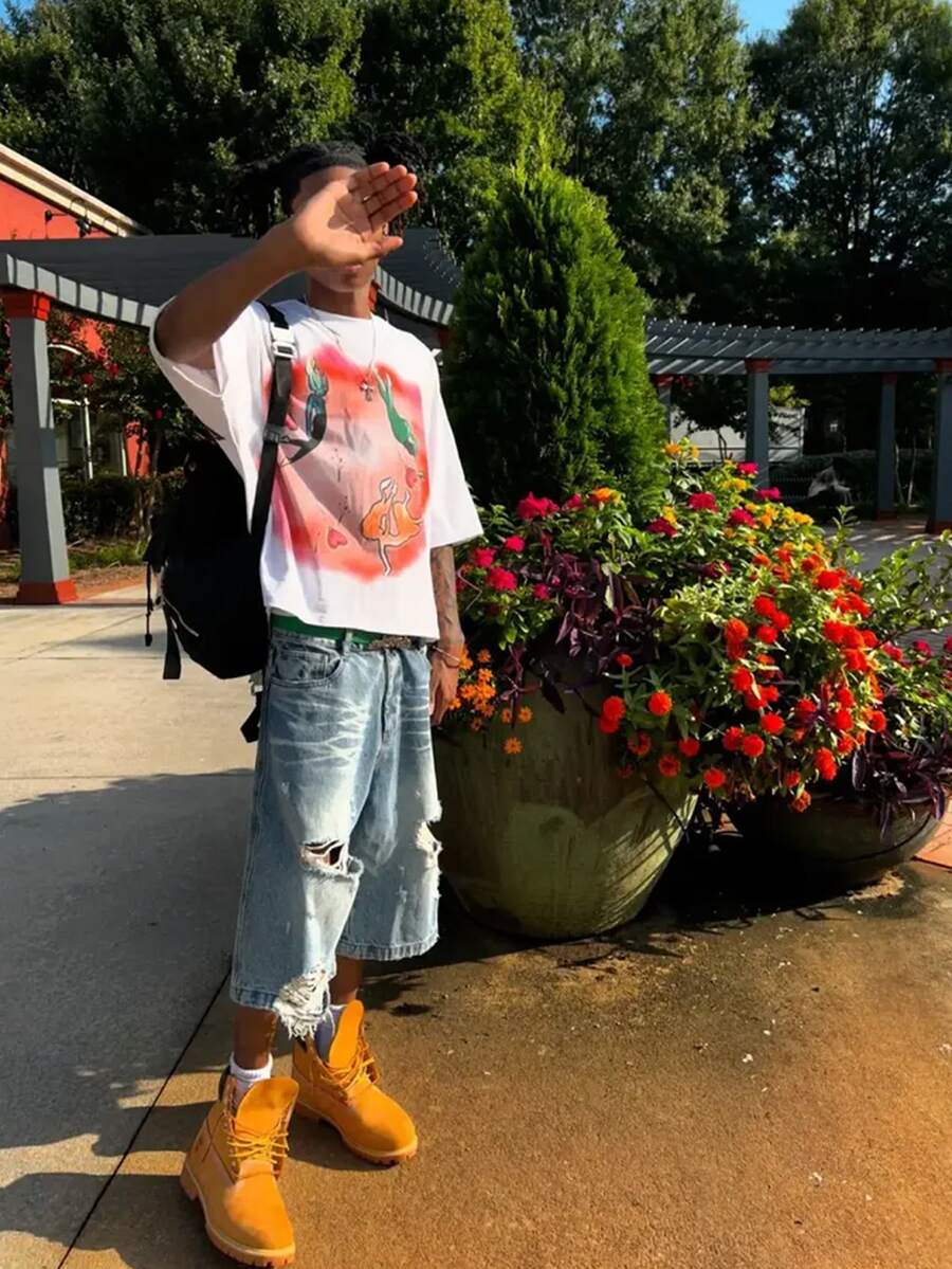 Y2K Style Directional Printing (220g Pure Cotton T-Shirt) Cotton T-Shirt - Soft, Breathable, 100% Pure Cotton Fabric - Comfortable And Energetic Summer Street Style Short Sleeved T-Shirt, Cool Design Retro Summer Men's Daily Wear T-Shirt - trắng - Xem 1