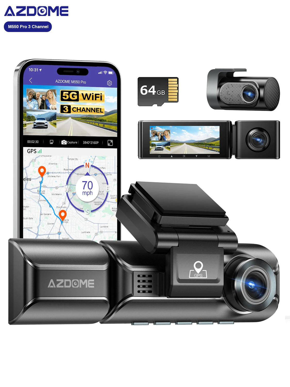 AZDOME M550 Pro 4K Dash Cam With Built-In GPS & WiFi | 3.19" Screen, Night Vision, Parking Mode, Includes 64GB Card - 黑色 - 查看 1