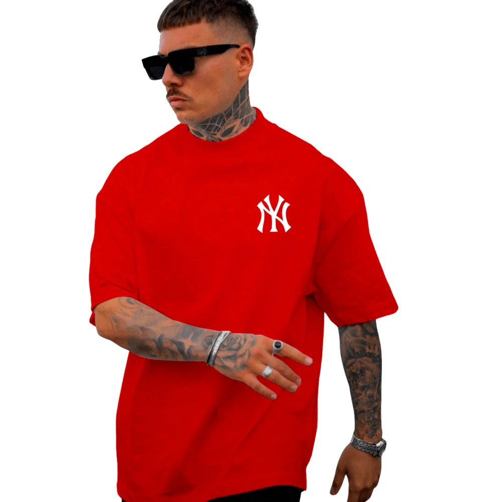 Oversized Printed Ny T-Shirt 100% Cotton Top - Bt030 - Red - View 1