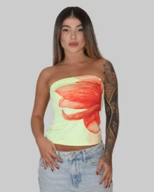 SLIM FIT STRAPLESS STRAPLES TUBE TOP CROPPED BASIC CASUAL TROPICAL PRINT FLOWER FLOWERS COLORFUL CUT OUT AITONA - Yellow - View 2