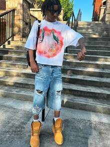 Y2K Style Directional Printing (220g Pure Cotton T-Shirt) Cotton T-Shirt - Soft, Breathable, 100% Pure Cotton Fabric - Comfortable And Energetic Summer Street Style Short Sleeved T-Shirt, Cool Design Retro Summer Men's Daily Wear T-Shirt - trắng - Xem 2