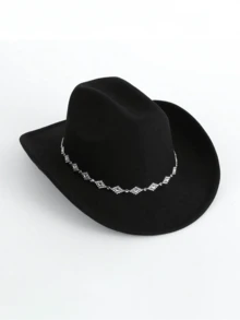 1pc Women's Solid Color Rhombus Sequin Decor Western Cowboy Hat, Elegant Casual Small Hat For Travel, Party, Daily Use, Mother's Day Gift - Black - View 2