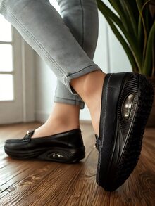 女士黑色水钻链条装饰厚底乐福鞋，优雅手工真皮鞋，户外金属扣套脚鞋，厚底休闲鞋 - 黑色 - 查看 6