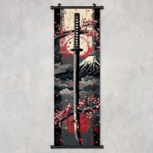 1pc Extra Large Katana & Cherry Blossoms Wall Art - Vibrant Red Sun Scroll Painting, Anime-Inspired Canvas Poster With Or Without Frame - Modern Japanese Decor For Indoor/Outdoor, Vertical Hanging Scroll Poster, Kawaii Room Decor - Multicolor - View 2