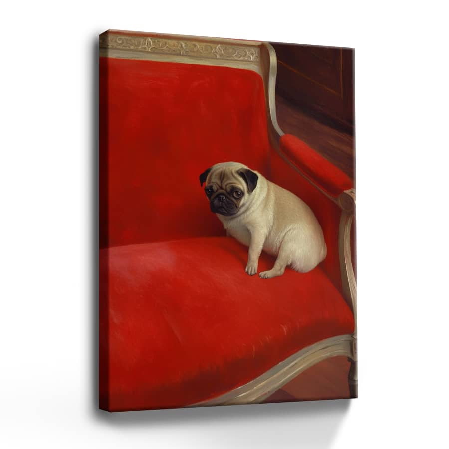 1pc Funny Bathroom Wall Art Framed Wall Art, Wrapped Canvas Poster Vintage Prints, A Pug Sitting On A Red Sofa, Birthday Party Decor, Decorative Wall Art For Living Room Bedroom Office, Hanging Hardware Included - Framed, Vertical - 裱框畫布 - 查看 1