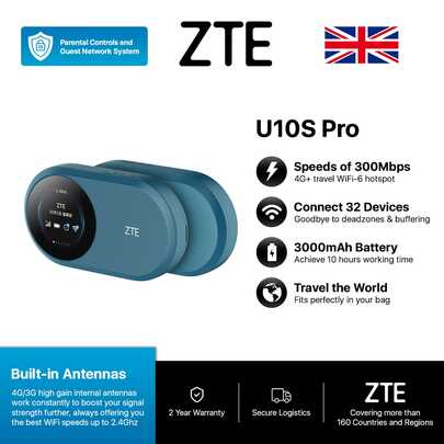 ZTE U10S Pro, 4G+LTE Mobile Wi-Fi 6, Unlocked Low-Cost Portable Travel WiFi, Connects 32 Devices