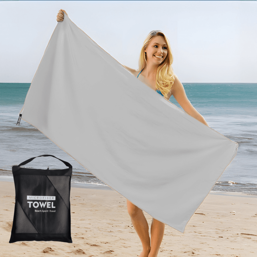 1 pieza Toalla de camping de unicolor, toalla de viaje de microfibra súper absorbente y de secado rápido, toalla de playa ultra suave y compacta de secado rápido, adecuada para natación, playa, fitness, senderismo, yoga, viajes, con bolsa con cremallera, artículos esenciales de playa, accesorios de playa, flotador de piscina