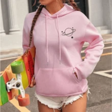 Women's Sweatshirt Cold Weather Blouse Printed Coat Planeta Moda Winter Hoodie Kangaroo Pocket - 淺粉色 - 查看 1