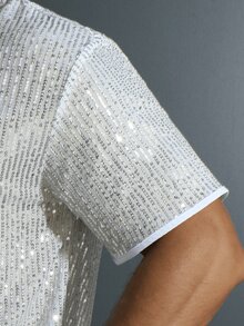 时尚男士闪光短袖衬衫，时尚派对街头服饰 - 白色 - 查看 7