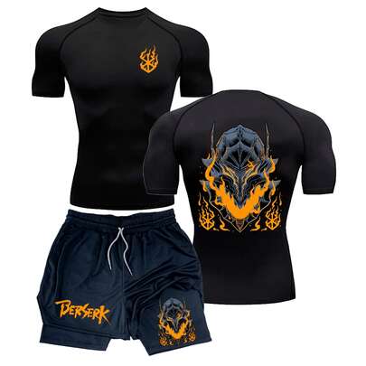 Kit Camiseta Compressão E Short Compressão 2 Em 1 Arte Anime Manga Bersek Arte Cavaleiro