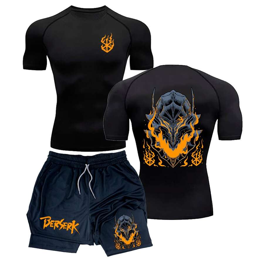Compression T-Shirt And Compression Shorts Kit 2 In 1 Anime Manga Art Bersek Knight Art - Black - View 1