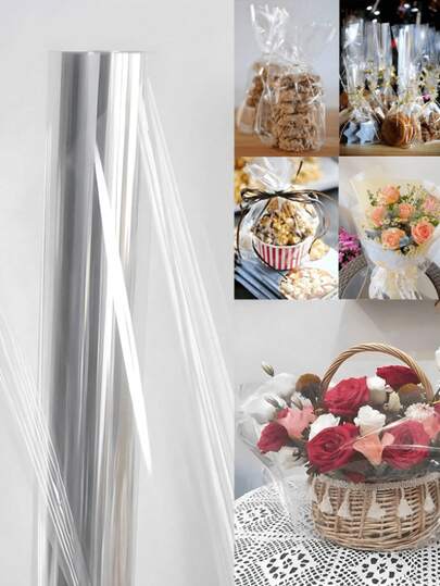 1卷透明玻璃纸，透明花束包装纸，塑料防尘包装纸，适用于礼品篮、鲜花、工艺品、零食和甜点