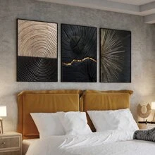Juego de 3 obras de arte de pared sin marco modernas de árbol de anillos en espiral de color negro, dorado y marrón con textura, pósteres de lienzo natural, pintura artística como regalo, cuadros para decoración de sala de estar, dormitorio, comedor, pasillo, hogar y dormitorio