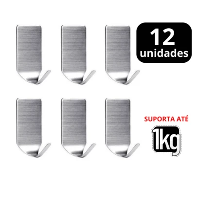 Kit 12 Ganchos Adesivo para Parede Metal Inox