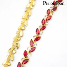 Perlon Joon Rantai Kristal Kaca Bening Berbentuk Daun Sepanjang 1 Yard, Dekorasi Trim Kristal Warna Perak untuk Aksesori Gaun Pengantin - Merah - View 3
