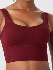 Rundhalsad ribbad t-shirt för utomhusyoga, enfärgad sömlös sporttopp för vår/sommar - Bourgogne - Visa 3