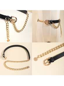 1pc Elegant Leather Belt & Pendant Combination, Fashion Waist Chain, Street Style, Evening Dress Belt, Party, Mother's Day Gift - Black - View 7