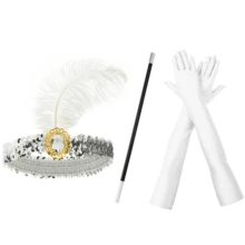 4pcs/Set 1920s Themed Elegant Sexy Women Party Accessories, Vintage High-End Headband, Necklace, Gloves, Cigarette Holder 3-Piece Suit, Perfect For Singles Party, Masquerade Prom