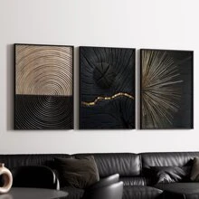 Juego de 3 obras de arte de pared sin marco modernas de árbol de anillos en espiral de color negro, dorado y marrón con textura, pósteres de lienzo natural, pintura artística como regalo, cuadros para decoración de sala de estar, dormitorio, comedor, pasillo, hogar y dormitorio