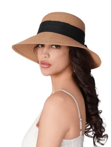 女士草帽宽边软边沙滩帽可调节太阳帽女士 UPF 50+ 情人节 - A - 查看 8