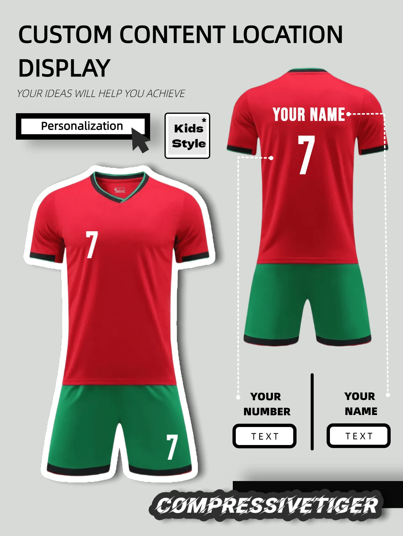 Personalized Boys Soccer Jersey & Shorts Set (2 Pieces) - Custom Name/Number Print, Quick-Dry Fabric - 2425 Portugal Fan Style, Football Gift - Red - View 1