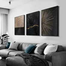 Juego de 3 obras de arte de pared sin marco modernas de árbol de anillos en espiral de color negro, dorado y marrón con textura, pósteres de lienzo natural, pintura artística como regalo, cuadros para decoración de sala de estar, dormitorio, comedor, pasillo, hogar y dormitorio
