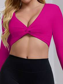 ATTRACO Sexy Long Sleeve Top, Deep V-Neck, Women's Yoga Sports Twist Knot Front Design Fitness Tank Top, Casual Sportswear - Hot Pink - View 3